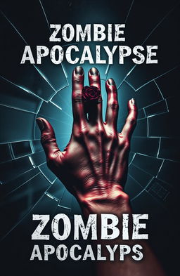 A chilling zombie apocalypse themed cover, featuring a close-up view of a bloody hand pressed against a shattered glass surface