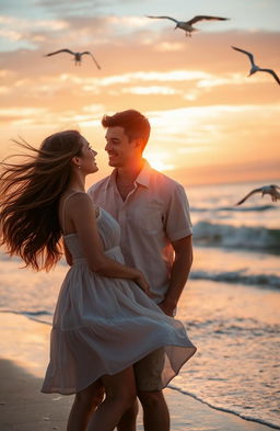 A romantic scene featuring a young couple sharing a tender moment in a beautiful sunset