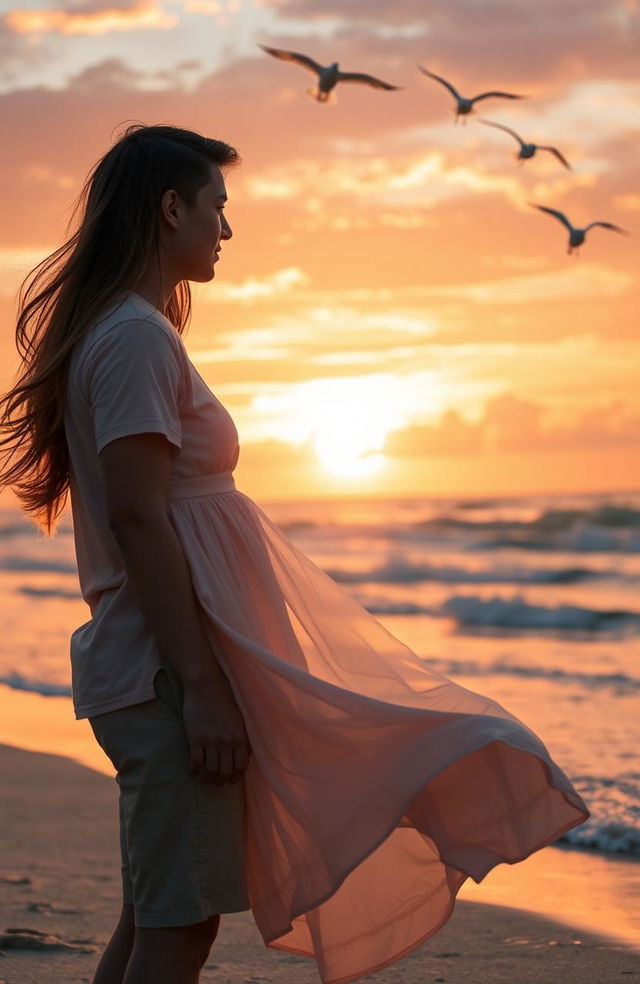 A romantic scene featuring a young couple sharing a tender moment in a beautiful sunset