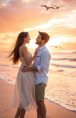 A romantic scene featuring a young couple sharing a tender moment in a beautiful sunset