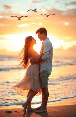 A romantic scene featuring a young couple sharing a tender moment in a beautiful sunset