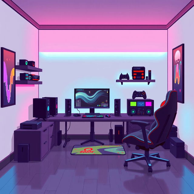 A pixel art representation of a gaming room, featuring a sleek gaming setup with a modern gaming desk, a high-end gaming monitor, and a stylish gaming chair