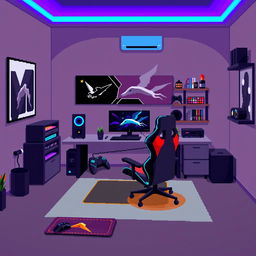 A pixel art representation of a gaming room, featuring a sleek gaming setup with a modern gaming desk, a high-end gaming monitor, and a stylish gaming chair