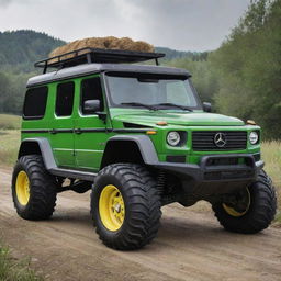 A design concept for a vehicle that blends the sturdy, agricultural features of a John Deere tractor with the muscular, luxury off-road aesthetics of a G Wagon, creating an interesting balance between farm utility and urban opulence