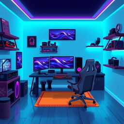 A pixel art representation of a gaming room, featuring a sleek gaming setup with a modern gaming desk, a high-end gaming monitor, and a stylish gaming chair