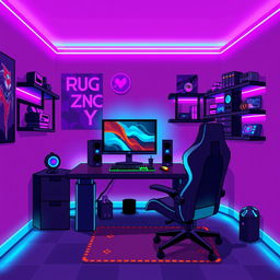 A pixel art representation of a gaming room, featuring a sleek gaming setup with a modern gaming desk, a high-end gaming monitor, and a stylish gaming chair
