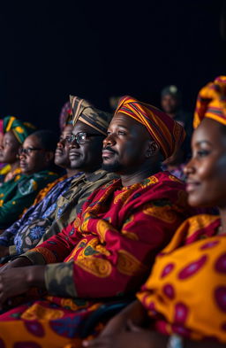 A group of Black men and women in colorful traditional African attire sitting together in a movie theater