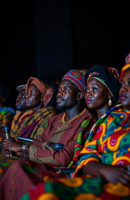 A group of Black men and women in colorful traditional African attire sitting together in a movie theater
