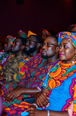 A group of Black men and women in colorful traditional African attire sitting together in a movie theater