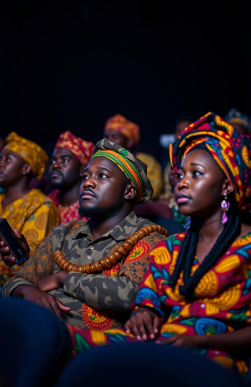 A group of Black men and women in colorful traditional African attire sitting together in a movie theater