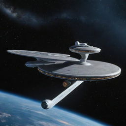 A detailed image of the USS Enterprise, the iconic starship from Star Trek, mid-flight in space