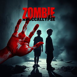 An intense zombie apocalypse themed cover, featuring a large bloody handprint smeared across a gritty wall in the foreground