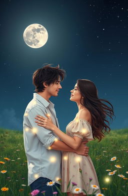 A romantic scene depicting a young couple embracing each other under a starry night sky