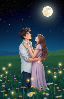 A romantic scene depicting a young couple embracing each other under a starry night sky