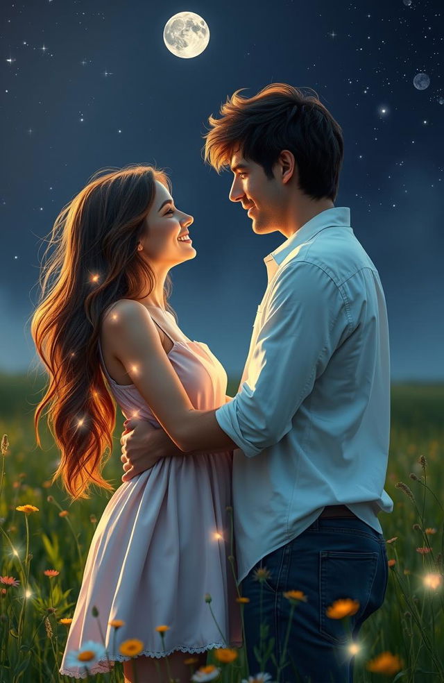 A romantic scene depicting a young couple embracing each other under a starry night sky