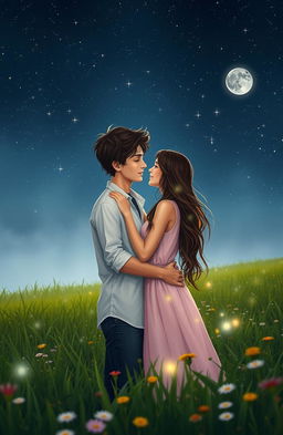 A romantic scene depicting a young couple embracing each other under a starry night sky