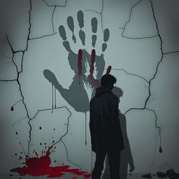 An atmospheric zombie apocalypse themed cover with anime vibes, showcasing a large bloody handprint smeared on a cracked wall