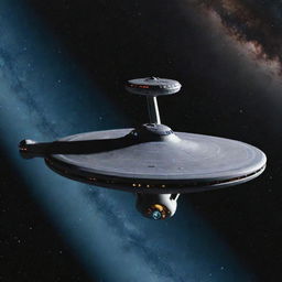 A detailed image of the USS Enterprise, the iconic starship from Star Trek, mid-flight in space