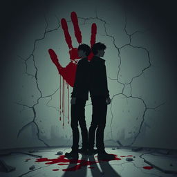 An atmospheric zombie apocalypse themed cover with anime vibes, showcasing a large bloody handprint smeared on a cracked wall