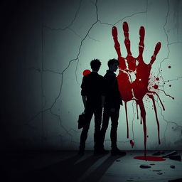An atmospheric zombie apocalypse themed cover with anime vibes, showcasing a large bloody handprint smeared on a cracked wall
