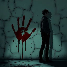 An atmospheric zombie apocalypse themed cover with anime vibes, showcasing a large bloody handprint smeared on a cracked wall