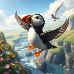 A vibrant scene showcasing Pip the puffin and the magical bird soaring high above shimmering streams and colorful flowers blooming below