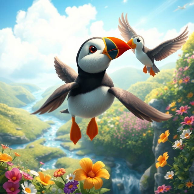 A vibrant scene showcasing Pip the puffin and the magical bird soaring high above shimmering streams and colorful flowers blooming below