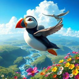 A vibrant scene showcasing Pip the puffin and the magical bird soaring high above shimmering streams and colorful flowers blooming below