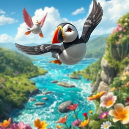 A vibrant scene showcasing Pip the puffin and the magical bird soaring high above shimmering streams and colorful flowers blooming below