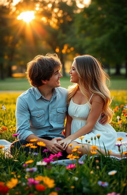 A romantic scene featuring a young couple in a lush, green park at sunset
