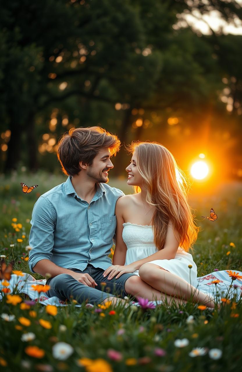 A romantic scene featuring a young couple in a lush, green park at sunset