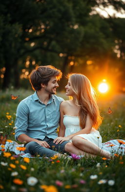 A romantic scene featuring a young couple in a lush, green park at sunset