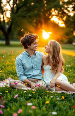 A romantic scene featuring a young couple in a lush, green park at sunset