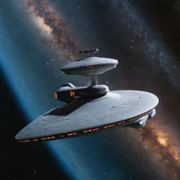 A detailed image of the USS Enterprise, the iconic starship from Star Trek, mid-flight in space