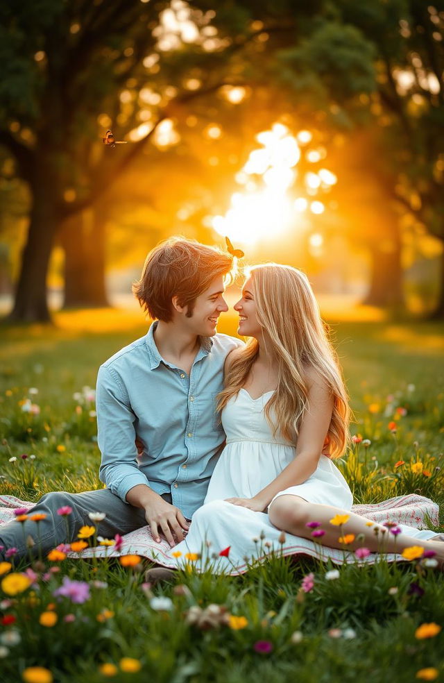 A romantic scene featuring a young couple in a lush, green park at sunset