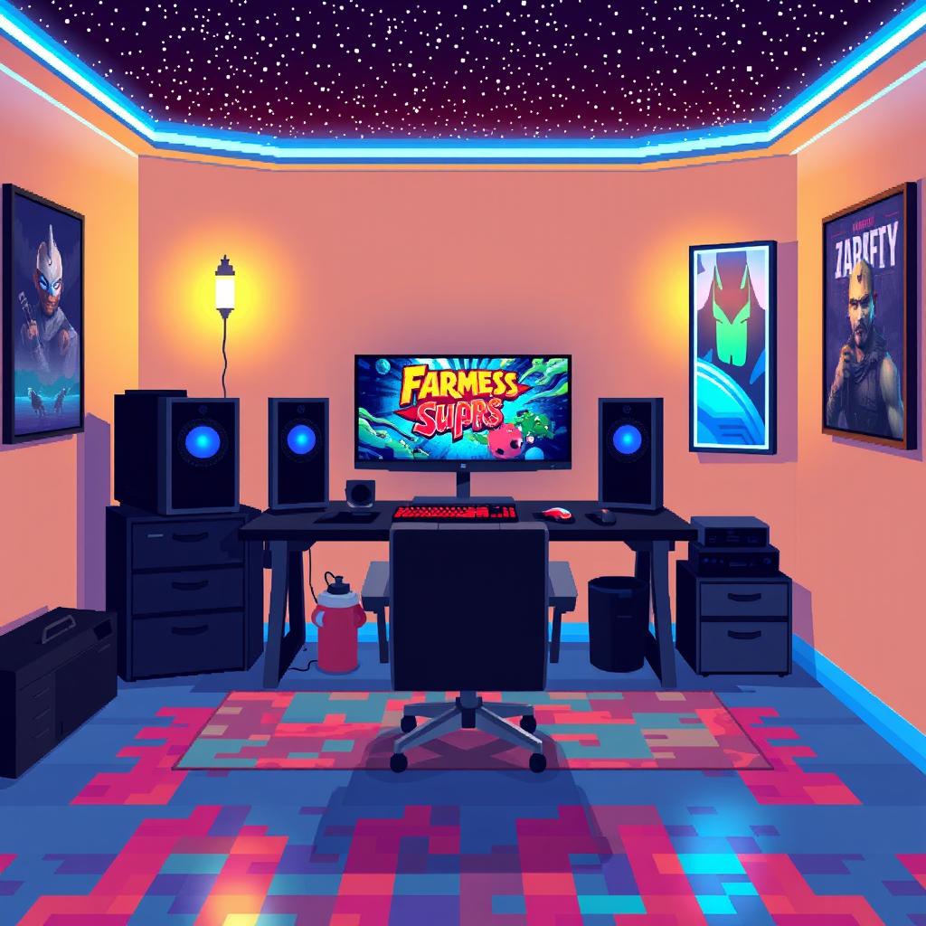 A pixel art depiction of a cozy gamer room featuring a large gaming setup