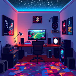 A pixel art depiction of a cozy gamer room featuring a large gaming setup
