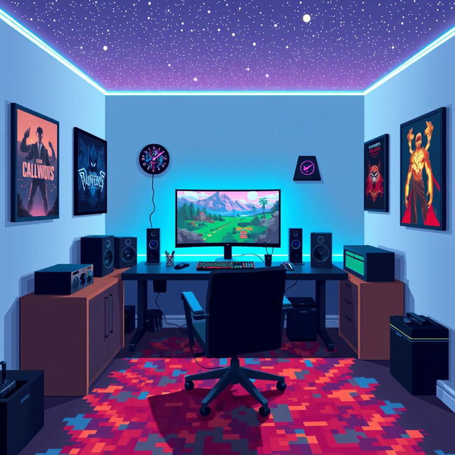 A pixel art depiction of a cozy gamer room featuring a large gaming setup