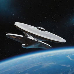 A detailed image of the USS Enterprise, the iconic starship from Star Trek, mid-flight in space