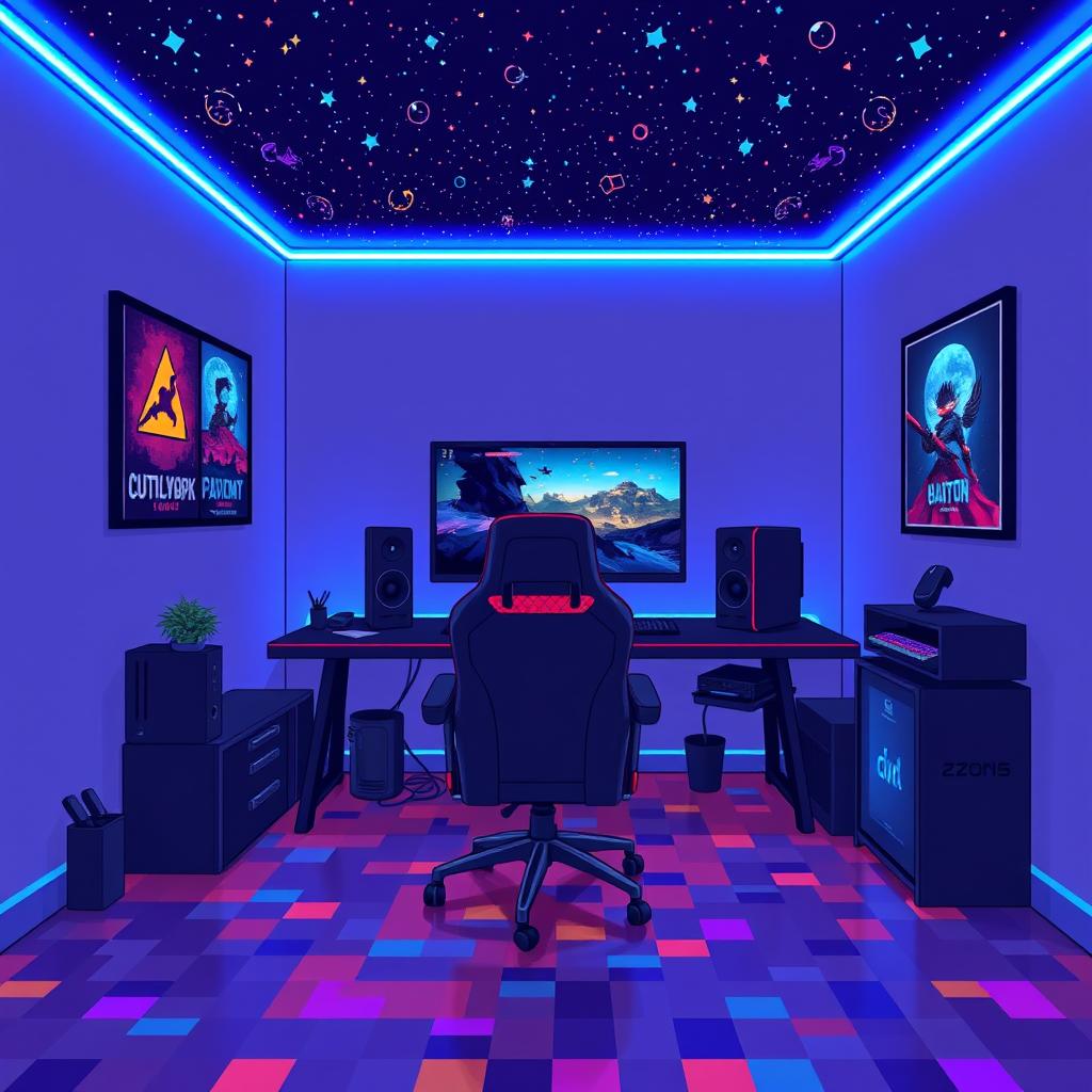 A pixel art illustration of a modern gamer room featuring a large gaming setup