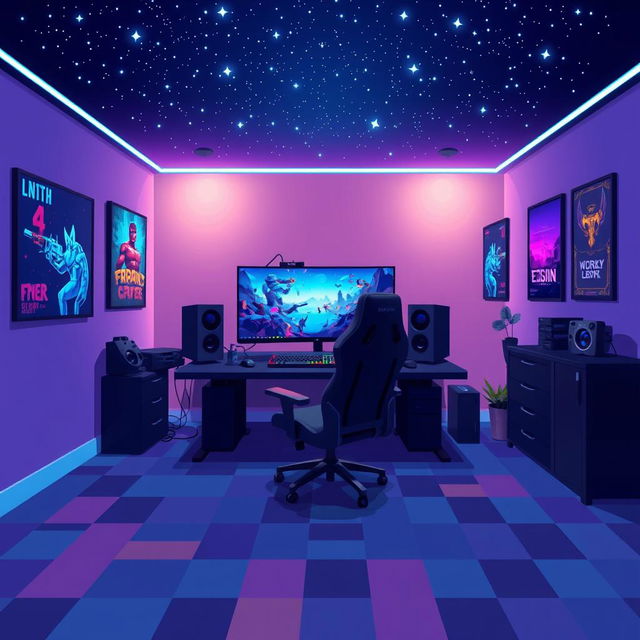 A pixel art illustration of a modern gamer room featuring a large gaming setup