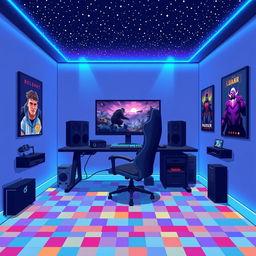 A pixel art illustration of a modern gamer room featuring a large gaming setup