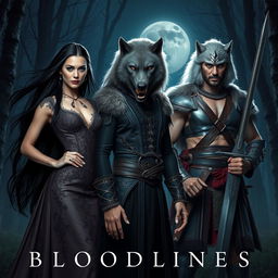 A dramatic and captivating scene titled 'Bloodlines' featuring a striking female vampire with long flowing dark hair, dressed in an elegant gothic dress with intricate lace details, standing confidently next to a fierce female werewolf with silver fur and a primal expression, showcasing her sharp claws and muscular physique