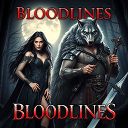 A dramatic and captivating scene titled 'Bloodlines' featuring a striking female vampire with long flowing dark hair, dressed in an elegant gothic dress with intricate lace details, standing confidently next to a fierce female werewolf with silver fur and a primal expression, showcasing her sharp claws and muscular physique
