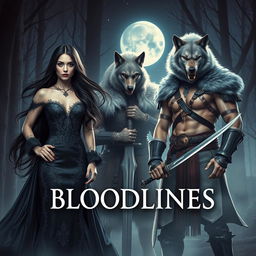 A dramatic and captivating scene titled 'Bloodlines' featuring a striking female vampire with long flowing dark hair, dressed in an elegant gothic dress with intricate lace details, standing confidently next to a fierce female werewolf with silver fur and a primal expression, showcasing her sharp claws and muscular physique