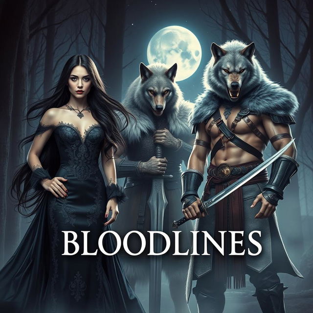 A dramatic and captivating scene titled 'Bloodlines' featuring a striking female vampire with long flowing dark hair, dressed in an elegant gothic dress with intricate lace details, standing confidently next to a fierce female werewolf with silver fur and a primal expression, showcasing her sharp claws and muscular physique