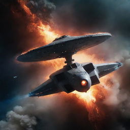 A dramatic scene portraying the USS Enterprise, the legendary starship from Star Trek, amidst a cinematic, non-violent explosion