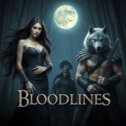 A dramatic and captivating scene titled 'Bloodlines' featuring a striking female vampire with long flowing dark hair, dressed in an elegant gothic dress with intricate lace details, standing confidently next to a fierce female werewolf with silver fur and a primal expression, showcasing her sharp claws and muscular physique