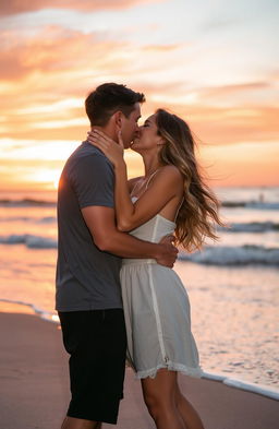 A romantic scene featuring a young couple passionately kissing under a beautiful sunset