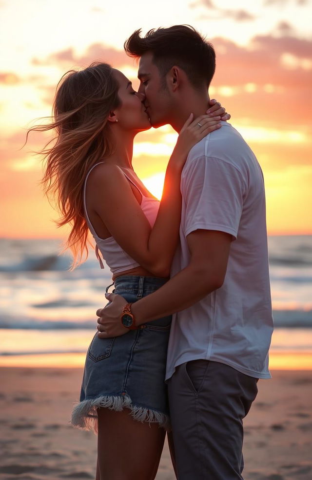 A romantic scene featuring a young couple passionately kissing under a beautiful sunset